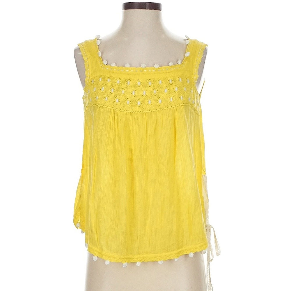 Anthropologie Lithe Gauzy Pom Pom Yellow Tank Top Crochet Lace Trim 8